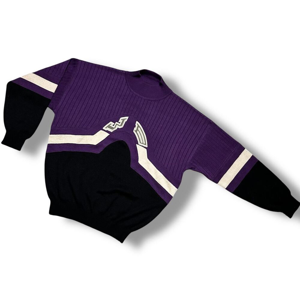 Vintage 90s Bogner Mock Neck Ski Sweater Purple Black Wool Color Block Sz M